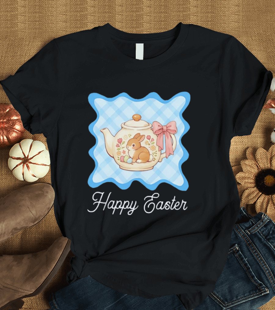 Happy Easter Bunny Teapot With Floral Blue Gingham And Pink Bow T-Shirt