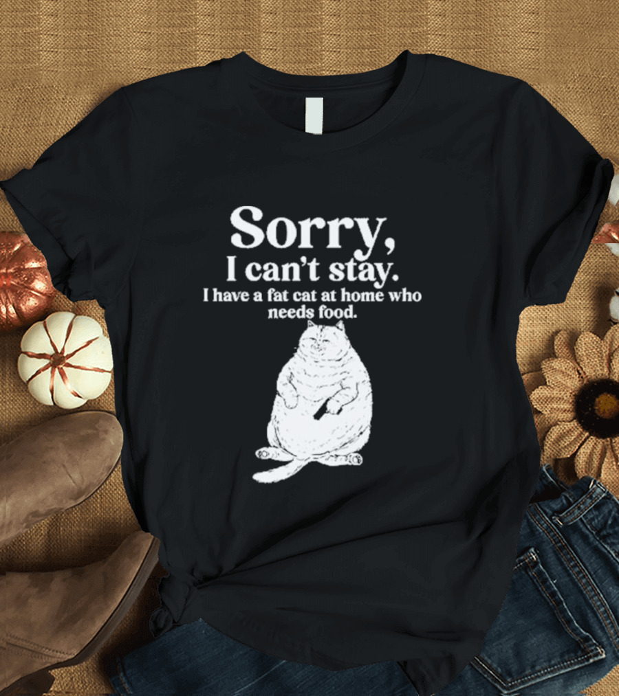 Sorry I Can't Stay I Have A Fat Cat At Home Who Needs Food Cat Lover Humor T-Shirt