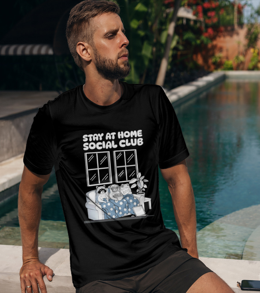 Stay At Home Social Club Raccoon Pug Frog Sofa Window Plant Scene T-Shirt