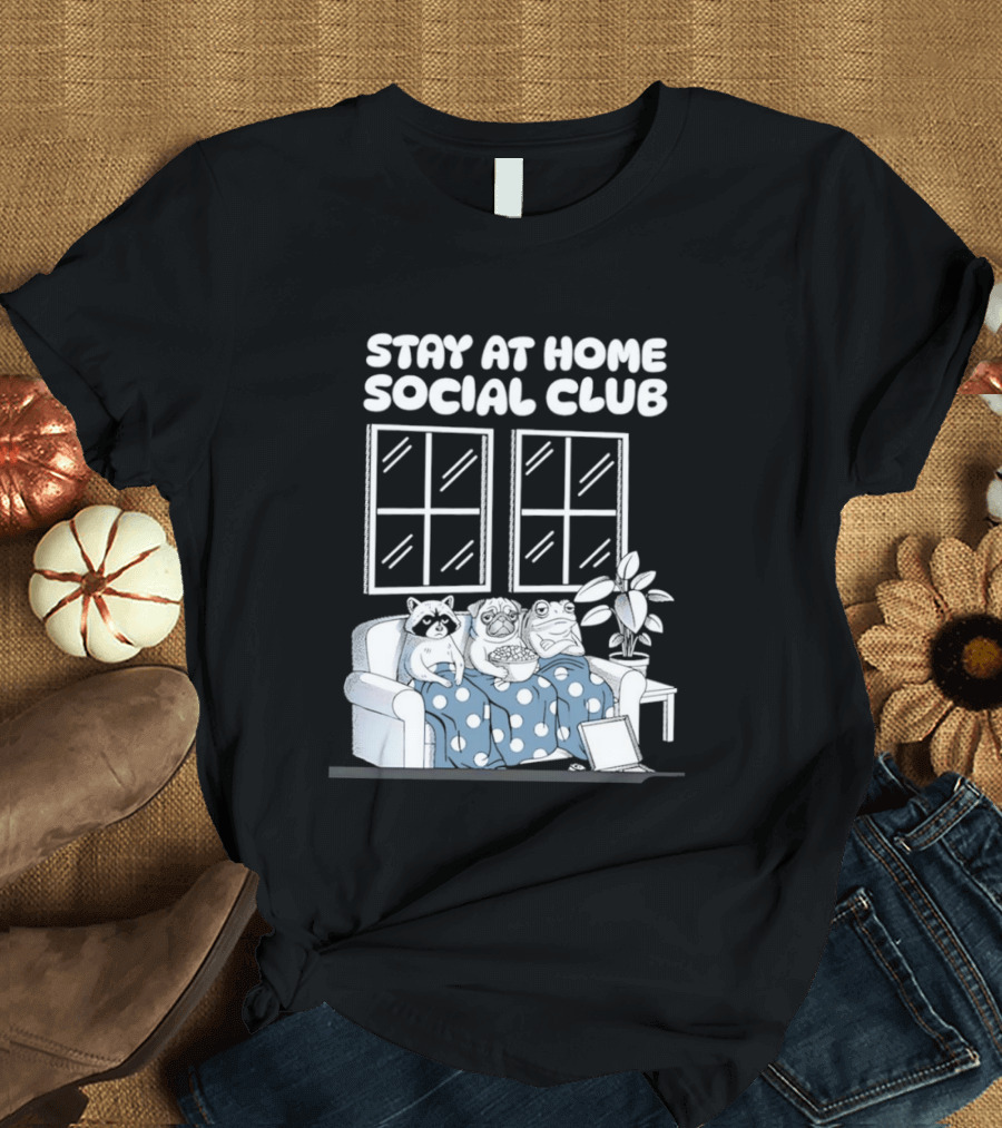 Stay At Home Social Club Raccoon Pug Frog Sofa Window Plant Scene T-Shirt