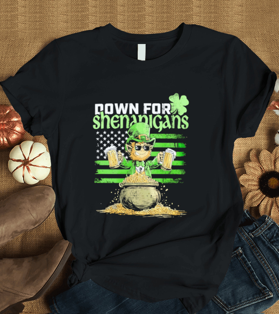Down For Shenanigans Leprechaun With Beers And Clover American Flag T-Shirt