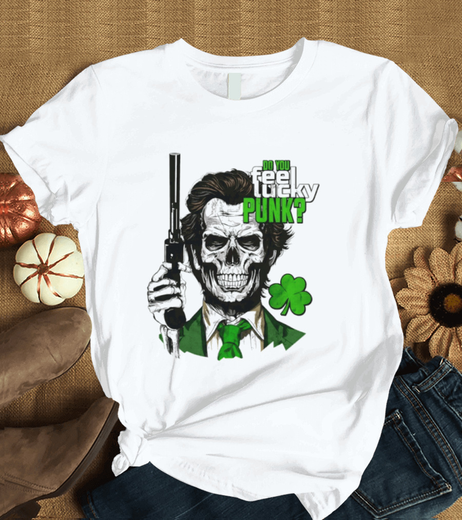 Do You Feel Lucky Punk Skull Gun Shamrock T-Shirt