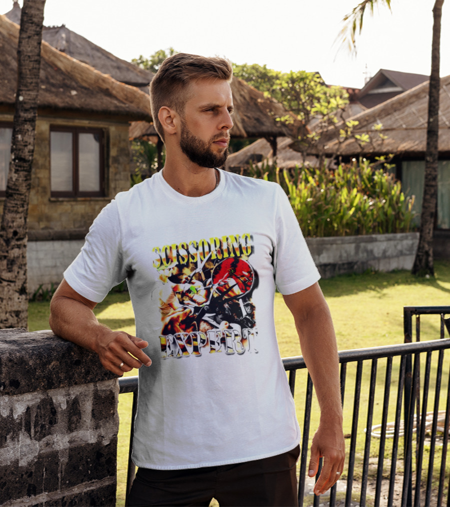 Scissoring Expert Vibrant Scissors Holding T-Shirt