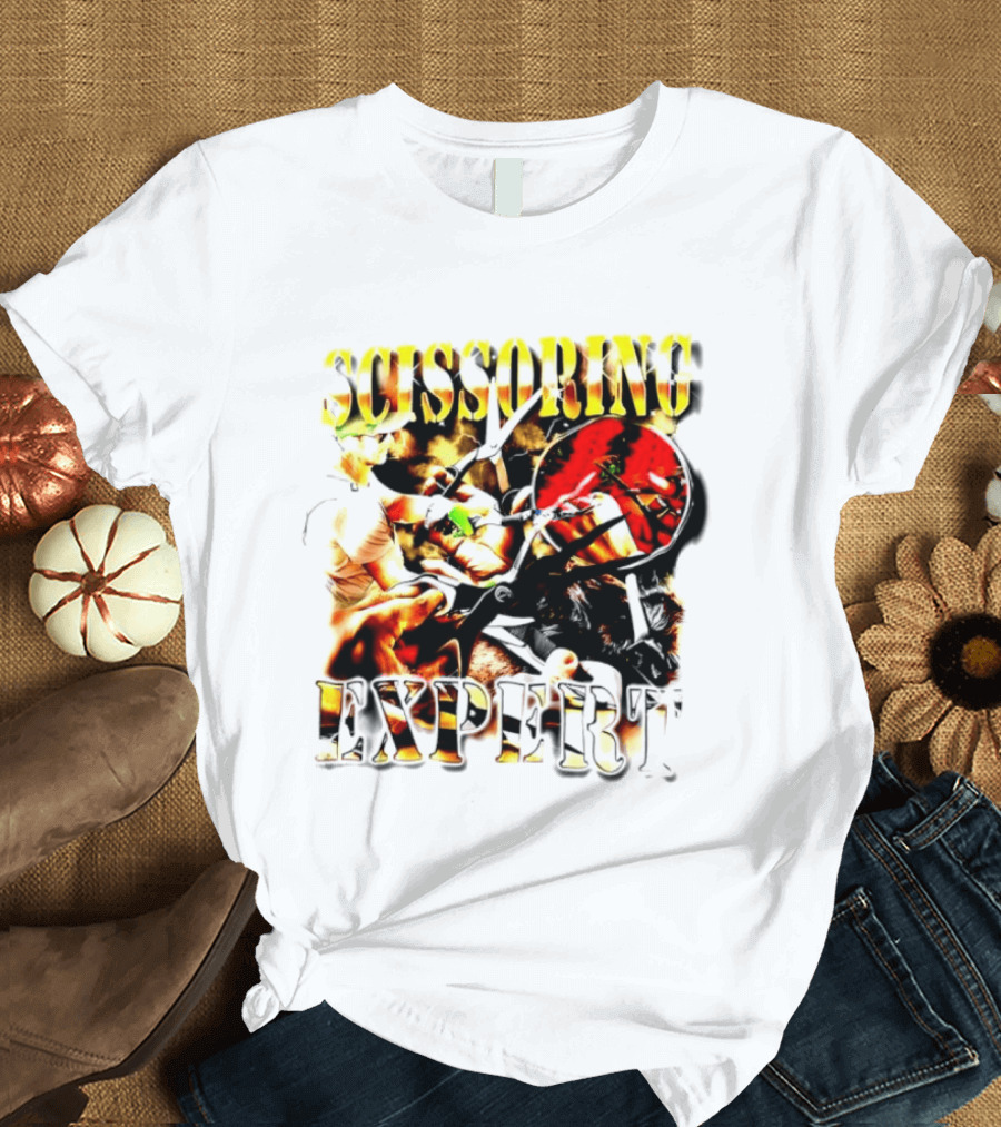 Scissoring Expert Vibrant Scissors Holding T-Shirt