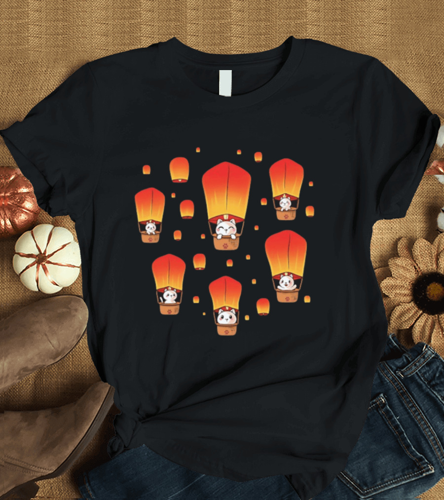 Cats In Lanterns Floating Skyward With Chinese New Year Charm T-Shirt