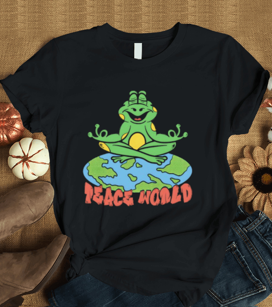 Meditating Frog Sitting On Planet Earth Peace World T-Shirt