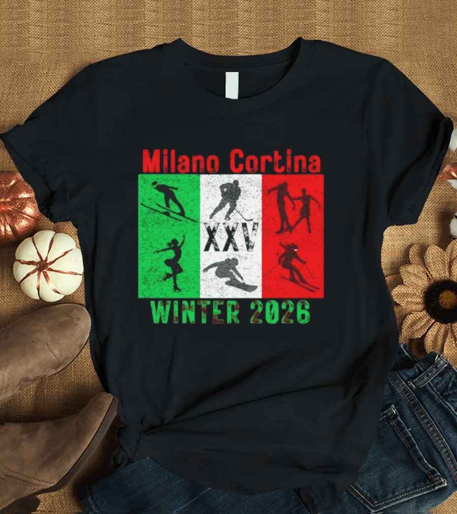 Milano Cortina Winter 2026 Italy Flag XXV Skiing Skating Snowboarding T-Shirt