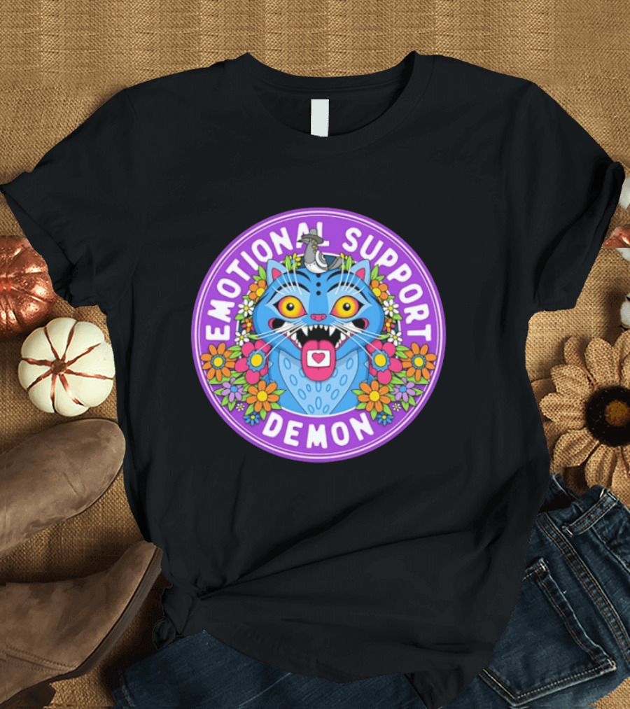 Emotional Support Derpy Demon Cat Surrounded By Flowers And Bird T-Shirt