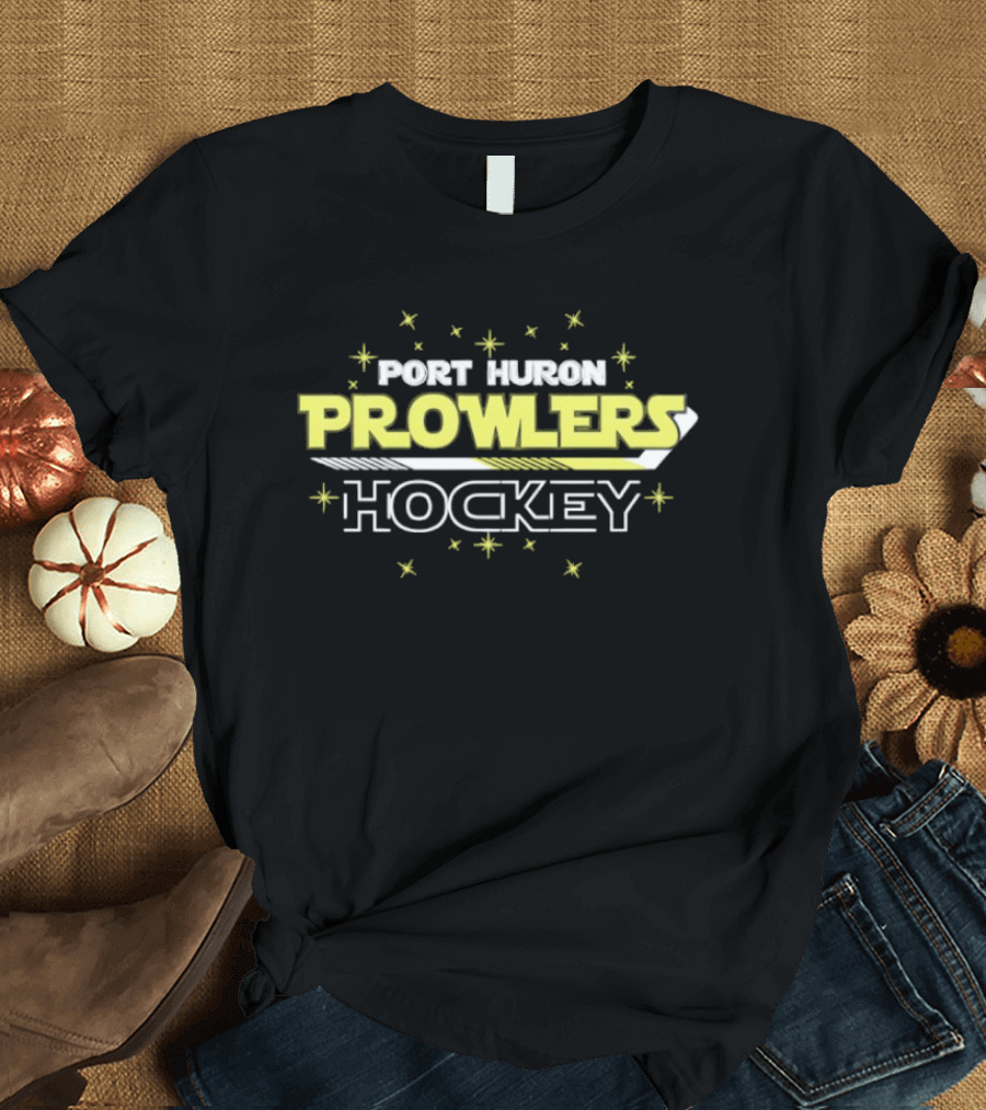 Port Huron Prowlers Hockey Team Yellow Text With Stars And Stick T-Shirt