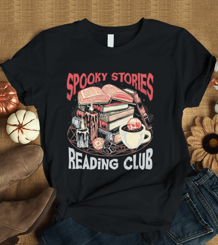 Spooky Stories Reading Club Books Candles Skulls And Cup T-Shirt