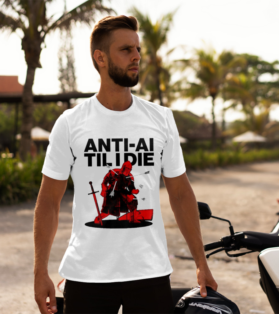 ANTI AI TIL I DIE Medieval Warrior Kneeling With Sword And Arrows T-Shirt