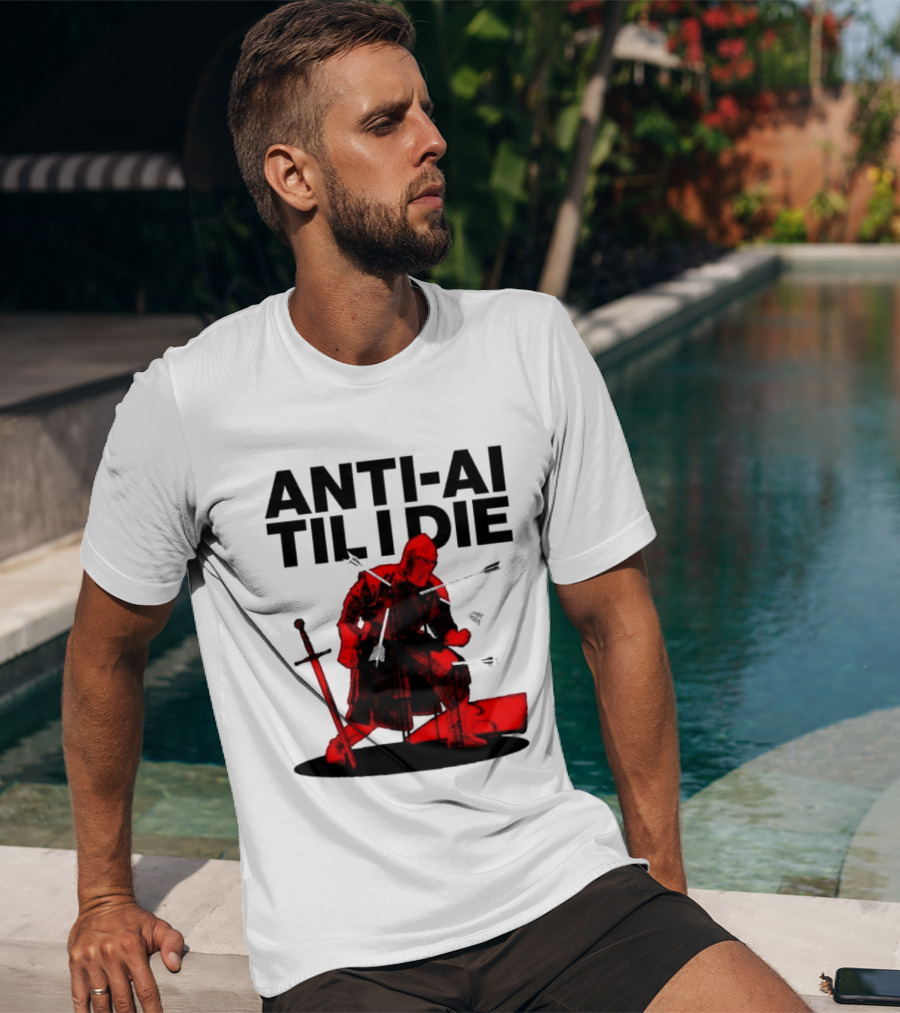 ANTI AI TIL I DIE Medieval Warrior Kneeling With Sword And Arrows T-Shirt