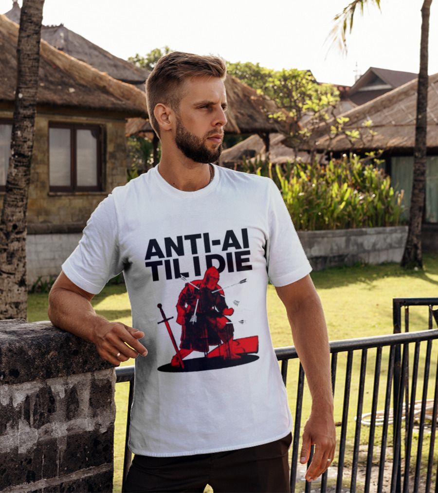 ANTI AI TIL I DIE Medieval Warrior Kneeling With Sword And Arrows T-Shirt
