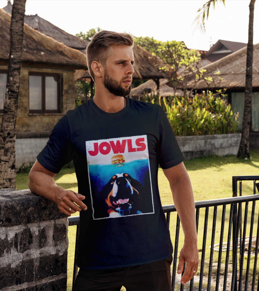 JOWLS Bernese Mountain Dog Burger Parody Jaws Movie T-Shirt