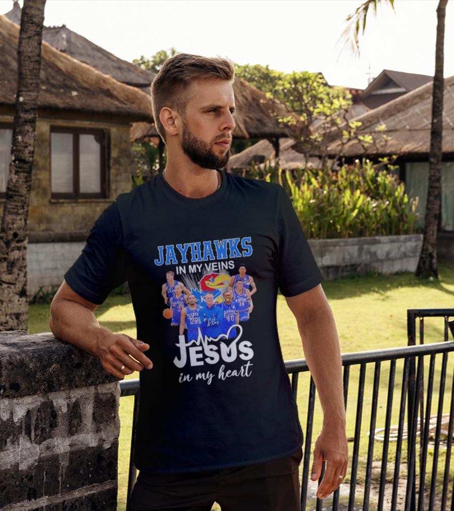 Jayhawks In My Veins Jesus In My Heart Kansas Basketball Coach Bill Self Players T-Shirt
