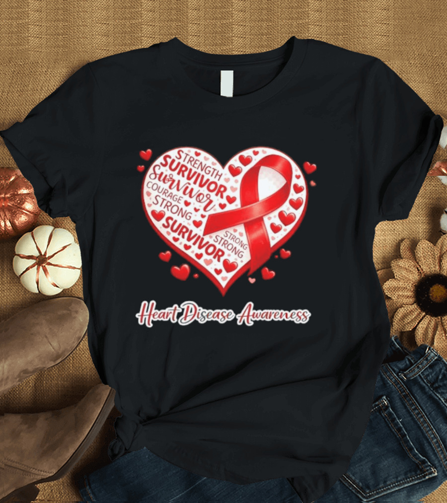 Survivor Strength Courage Strong Heart Disease Awareness Red Ribbon T-Shirt