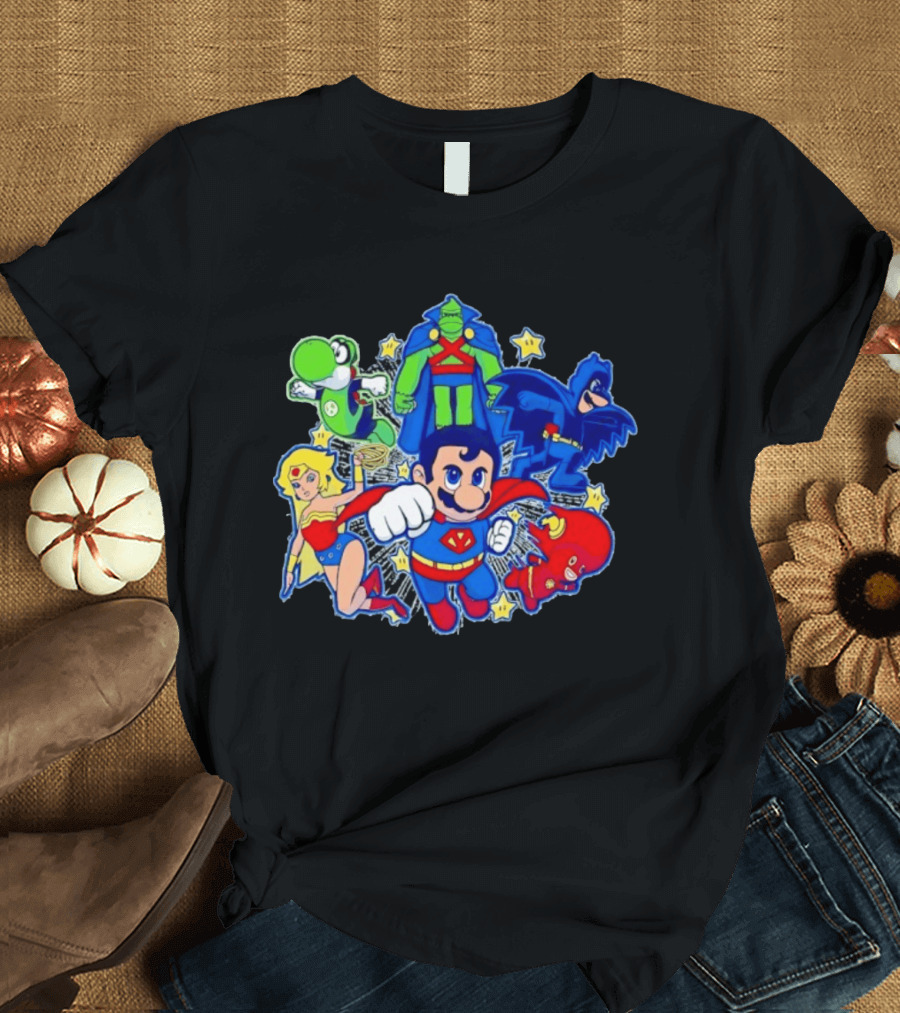 Justice League Mario Bros Crossover With Yoshi Batman Flash Wonder Woman Martian Manhunter T-Shirt