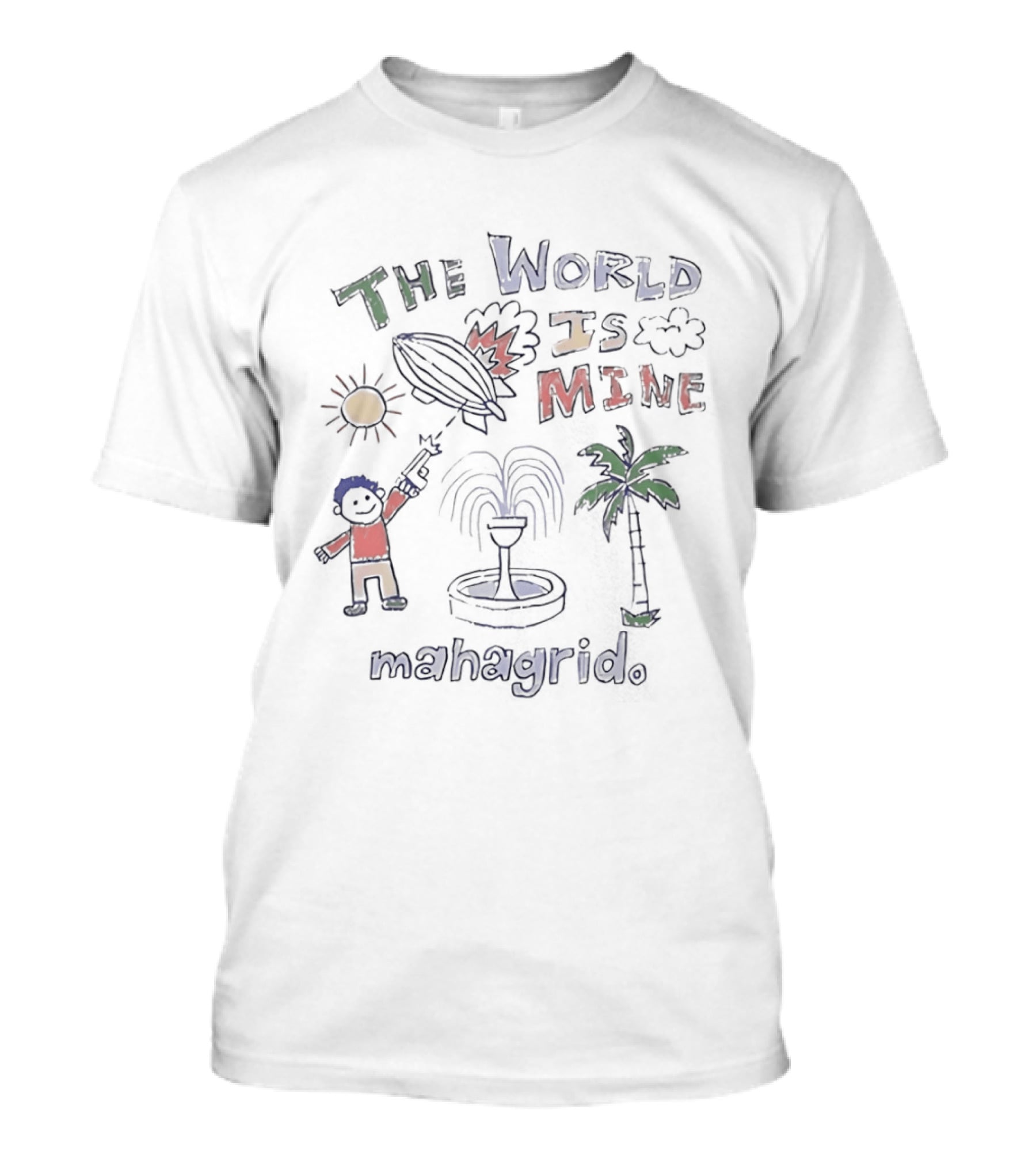 The World Is Mine Mahagrid Sun Blimp Plane Fountain Palm Tree T-Shirt