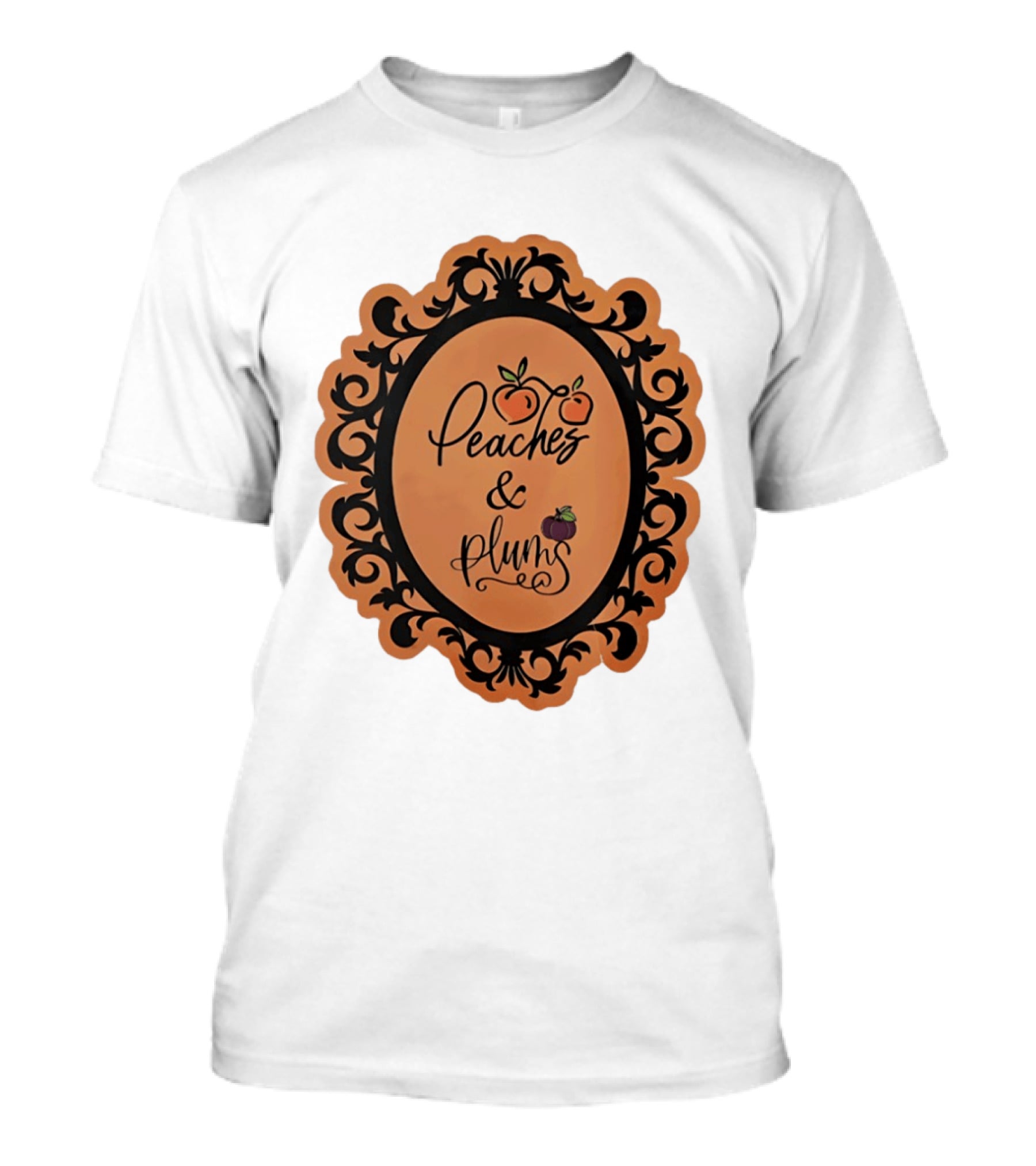 Peaches And Plums Ornate Black Floral Oval Frame T-Shirt