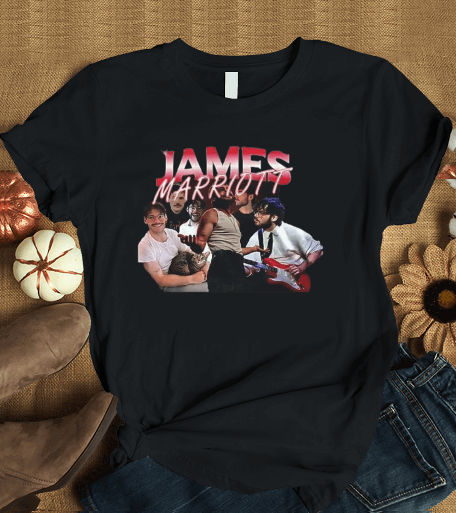 James Marriott Musician Collage With Guitar And Cat T-Shirt