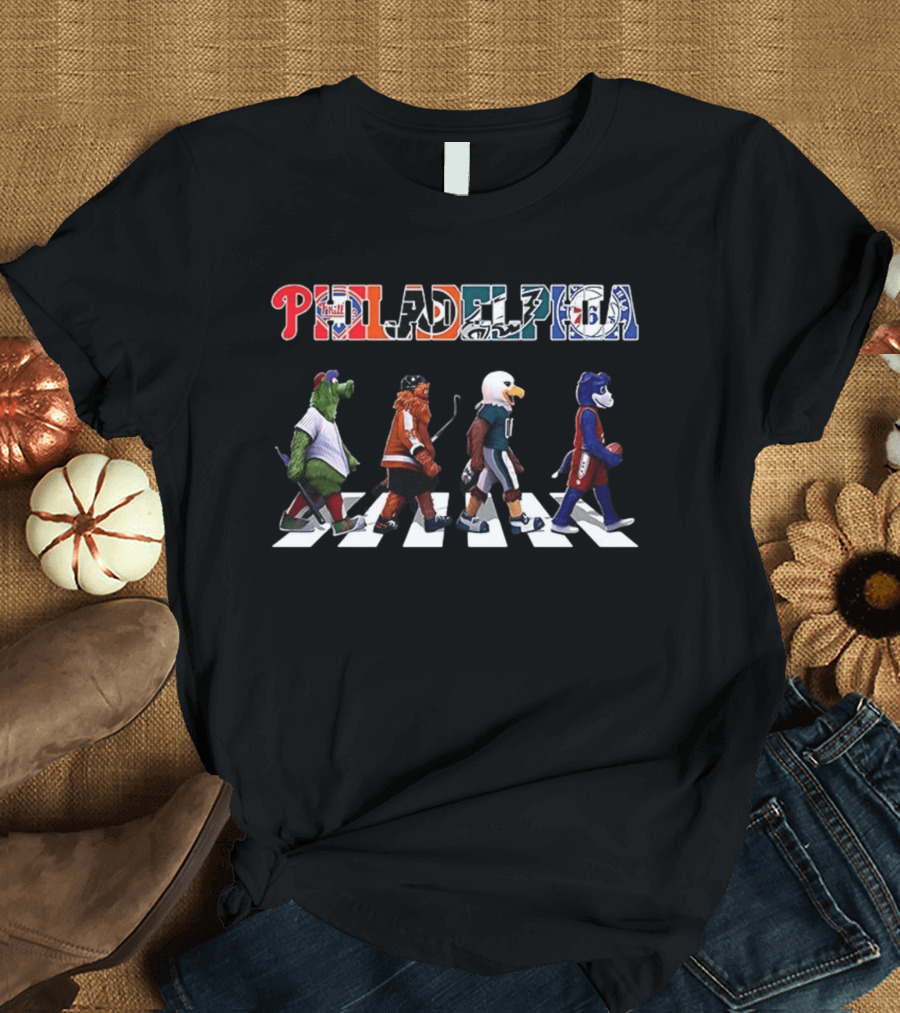 Philadelphia Phillies Flyers Eagles 76ers Mascots Abbey Road T-Shirt