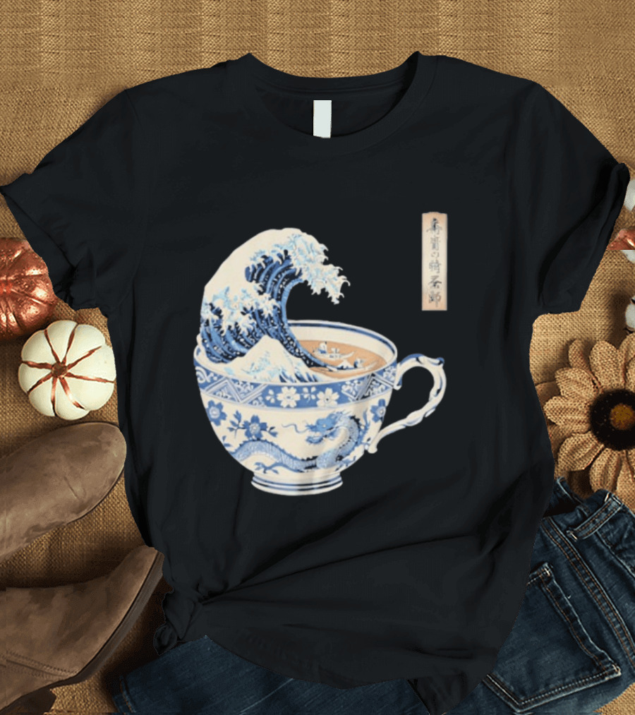 The Great Kanagawa Tea Cup Ukiyo E Wave Meets Dragon Porcelain T-Shirt