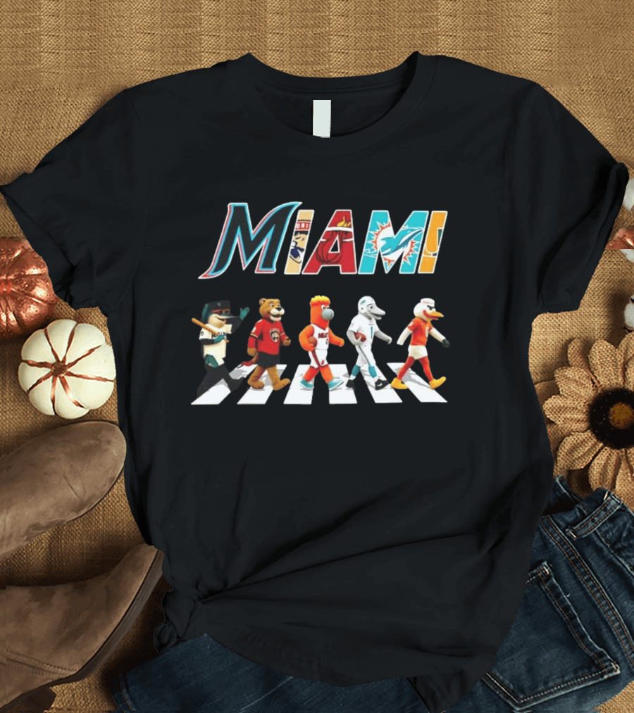 Miami Marlins Panthers Heat Dolphins Hurricanes Mascots Crosswalk T-Shirt