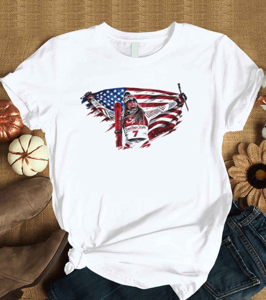 USA Winter Olympic Mikaela Shiffrin American Flag Skier T-Shirt