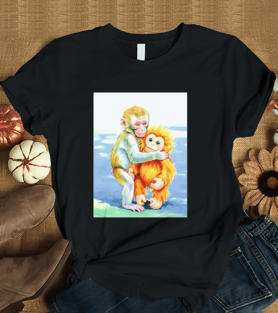 Adorable Monkey Cuddling Orange Plush Toy Scene T-Shirt