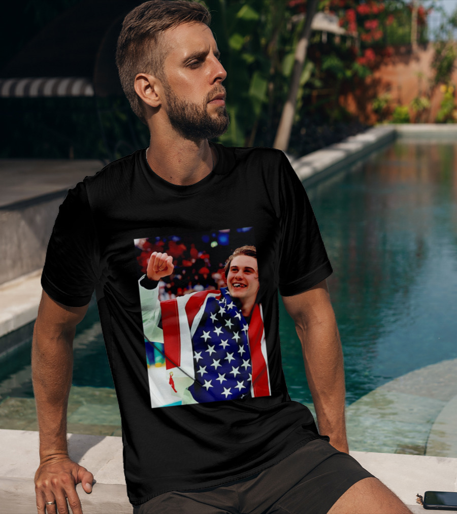 Jack Hughes Celebrating Team USA Hockey Star Spangled Moment T-Shirt