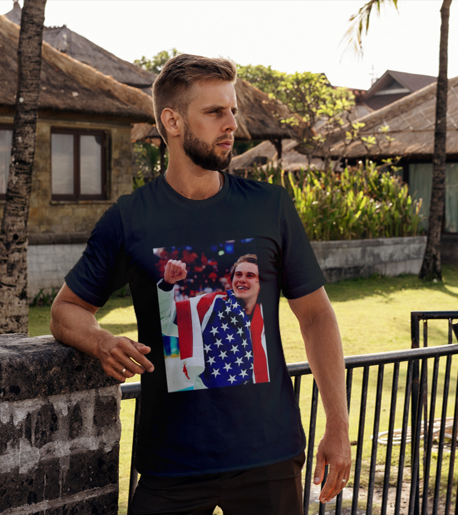 Jack Hughes Celebrating Team USA Hockey Star Spangled Moment T-Shirt