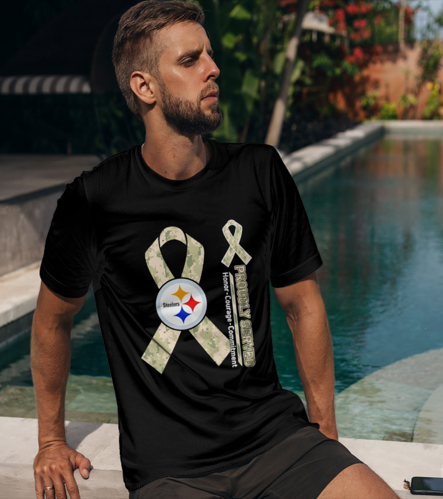 Pittsburgh Steelers Camouflage Ribbon Proudly Served Honor Courage Commitment T-Shirt