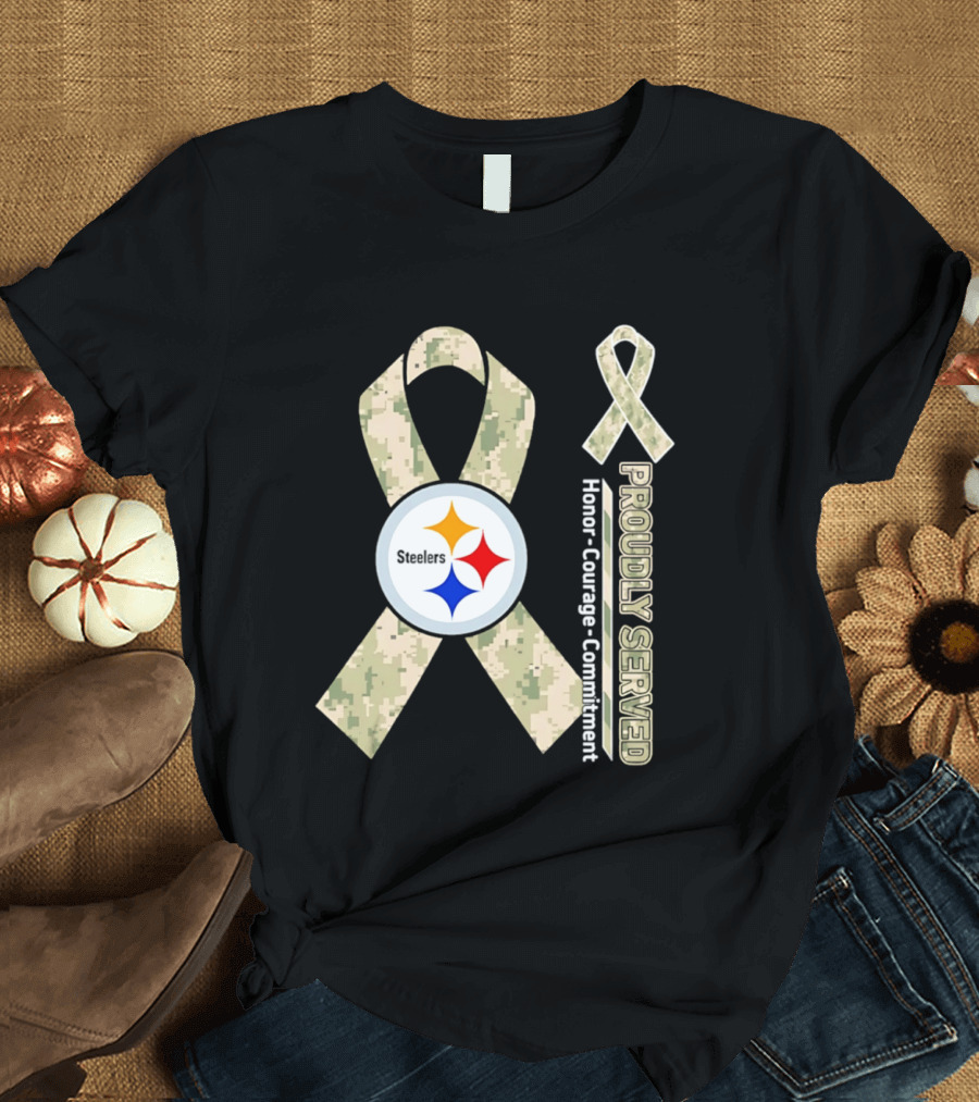 Pittsburgh Steelers Camouflage Ribbon Proudly Served Honor Courage Commitment T-Shirt
