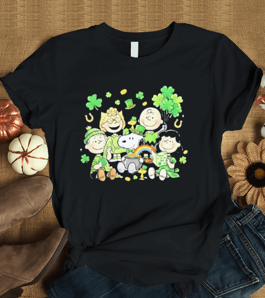 St. Patrick's Day Peanuts Snoopy And Friends With Shamrocks Horseshoes And Rainbow T-Shirt