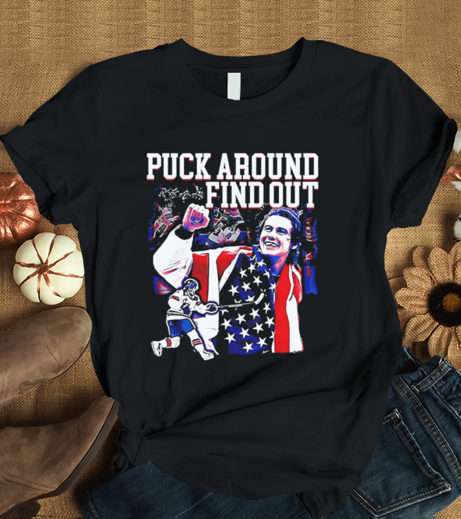 Puck Around Find Out Jack Hughes USA Hockey American Flag Celebration T-Shirt