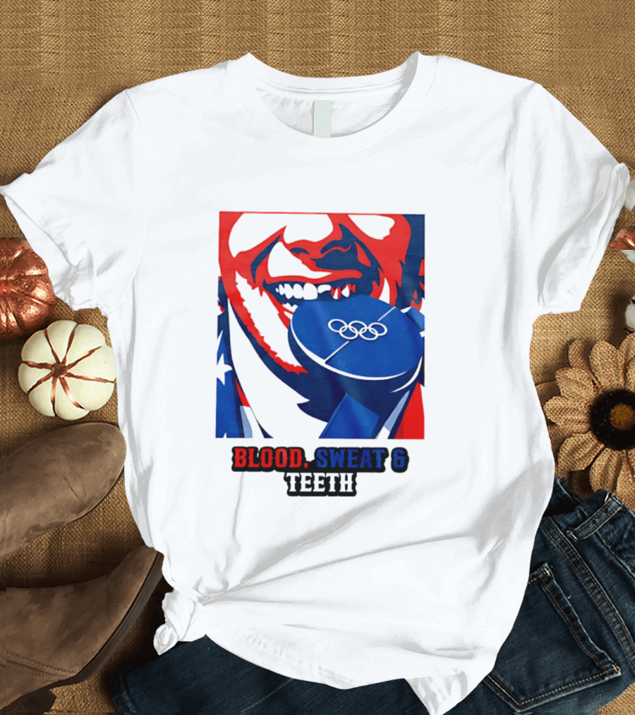 Blood Sweat Teeth Jack Hughes USA Olympic Hockey Gold Medal Champs T-Shirt