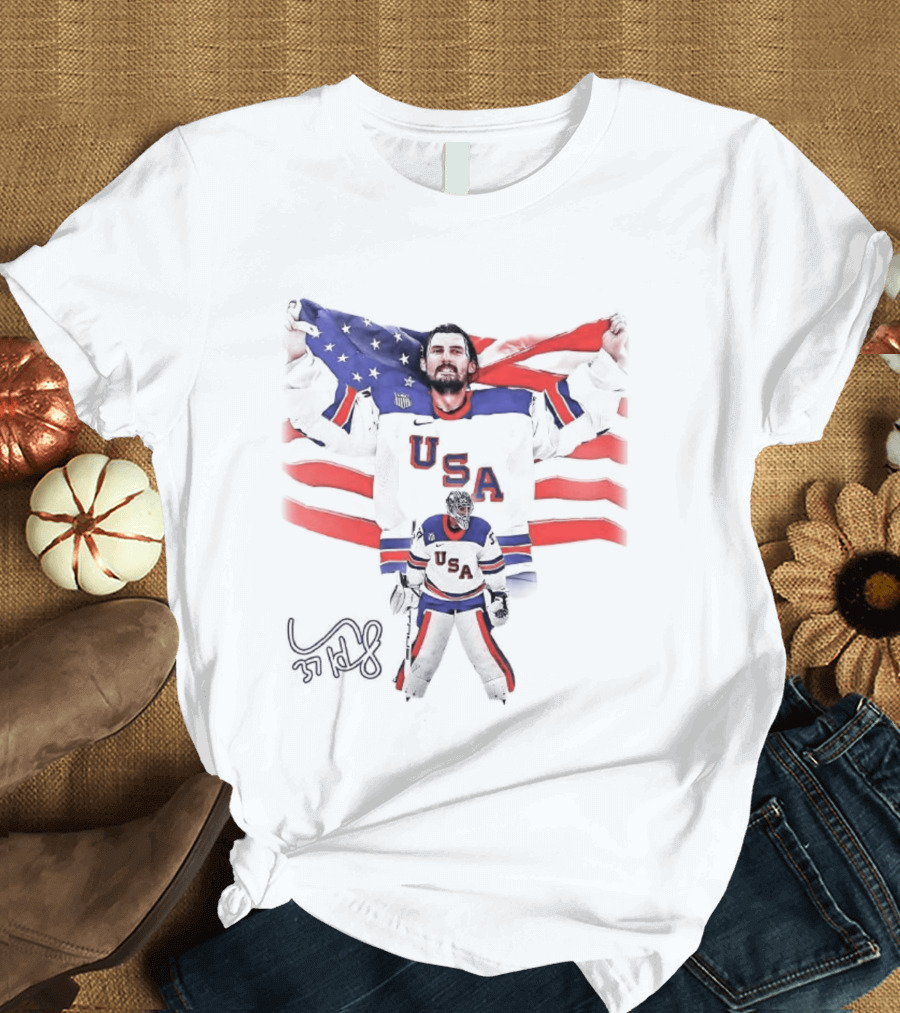 Connor Hellebuyck Team USA Olympic Gold Celebration Hockey Player With American Flag T-Shirt