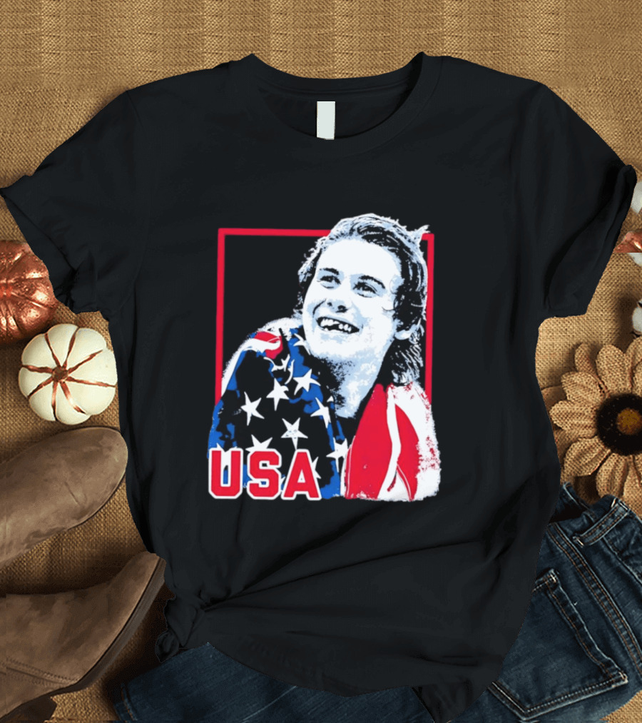 USA Flag Happy Athlete Red Frame American Pride T-Shirt