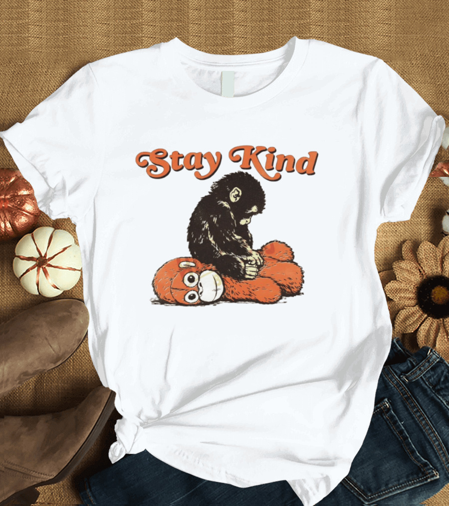 Stay Kind Punch Monkey Meme Compassionate Primate Hugging Plush T-Shirt