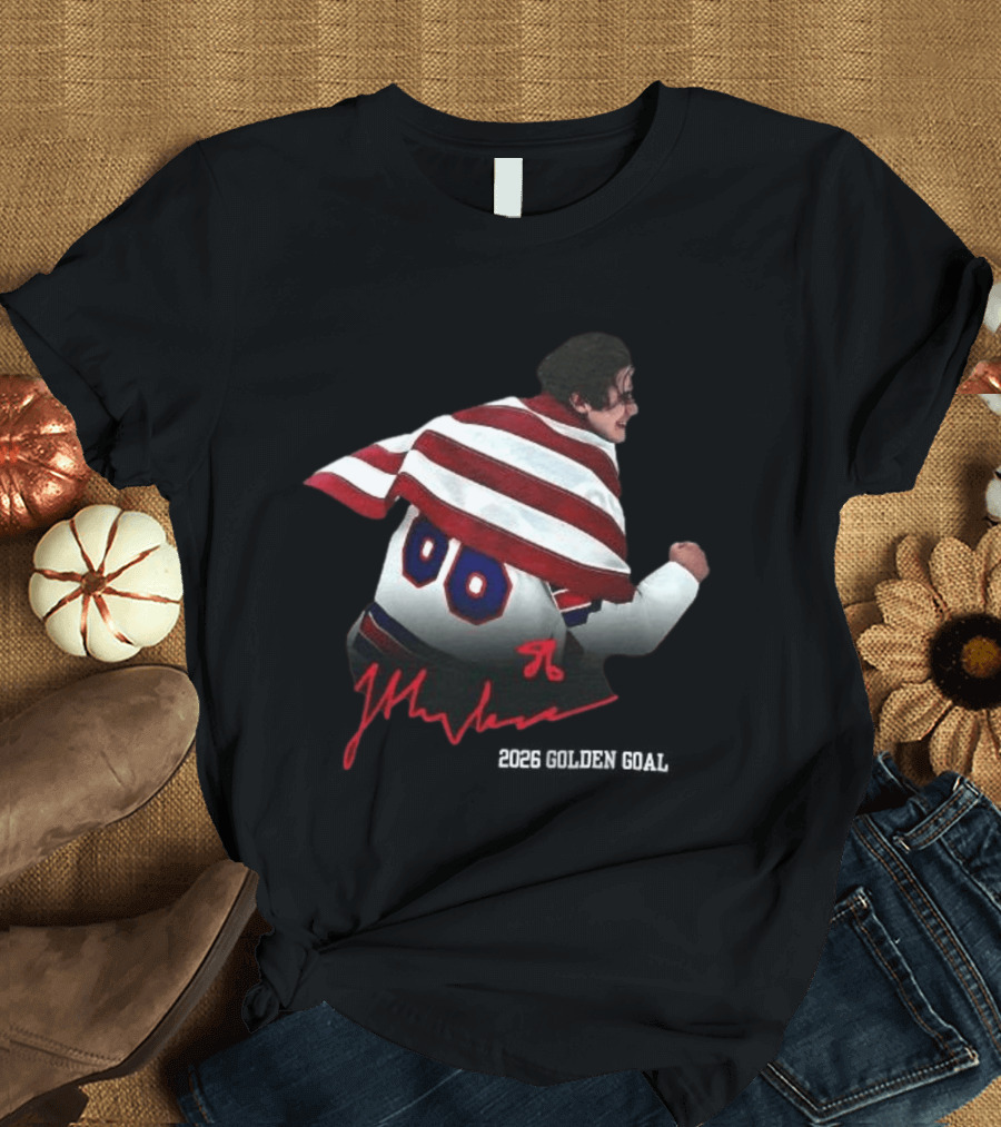 Jack Hughes Autographed Team USA Ice Hockey 2026 GoldenGoal Flag Celebration T-Shirt