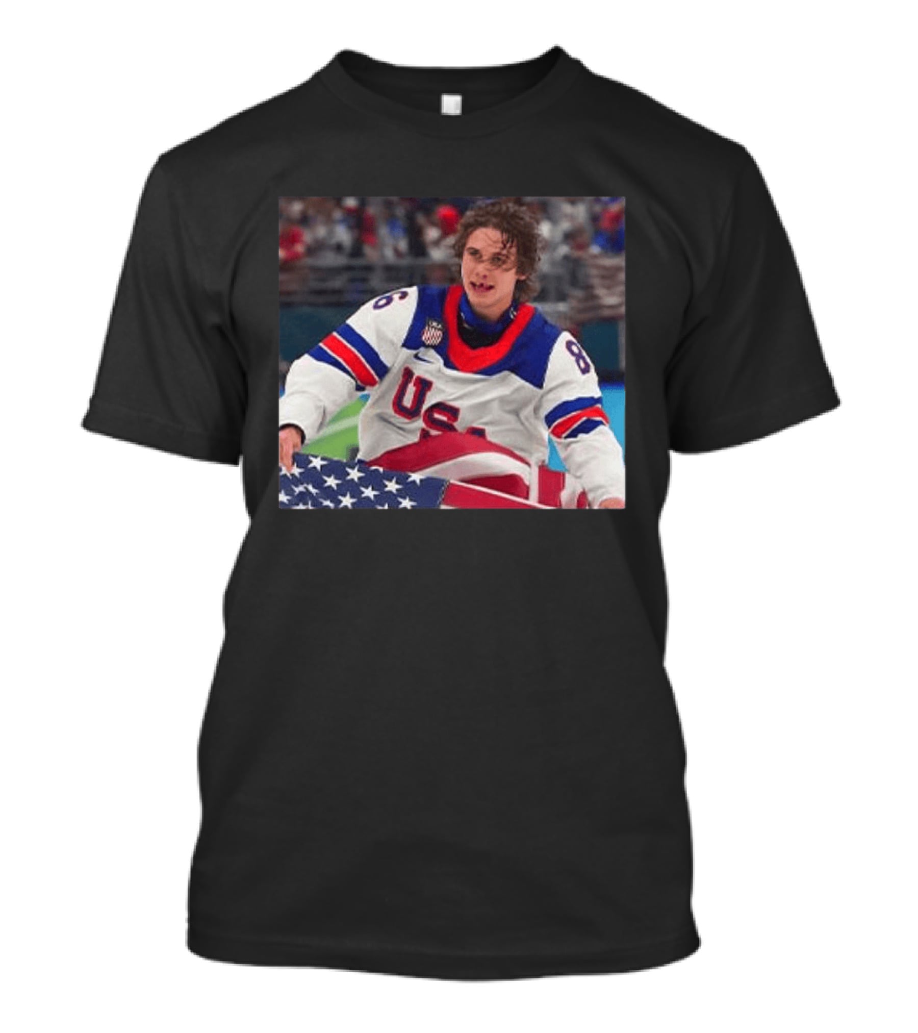 USA Hockey Jack Hughes Team 86 American Flag T-Shirt