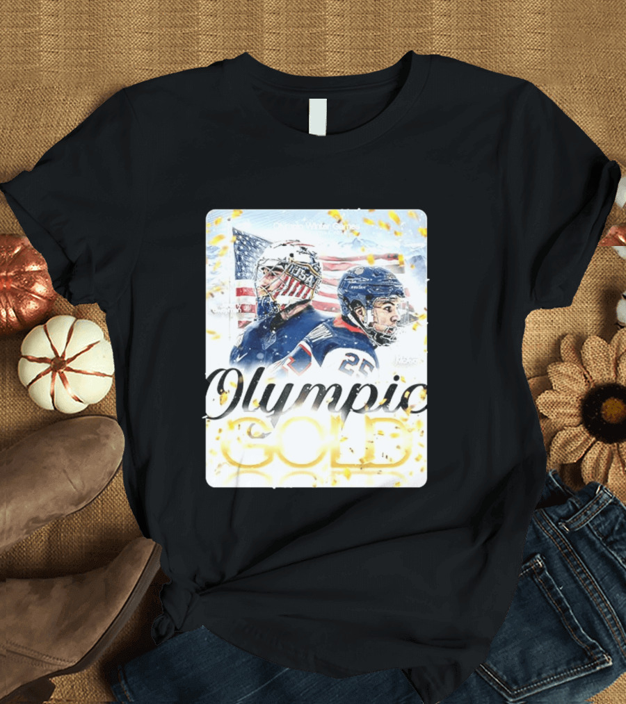 Olympic Winter Games USA Jeremy Swayman Charlie McAvoy Olympic Gold T-Shirt