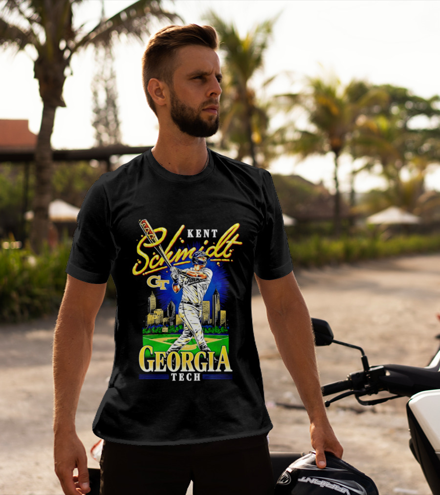 Kent Schmidt Georgia Tech Baseball Hot Dog Bat Skyline T-Shirt