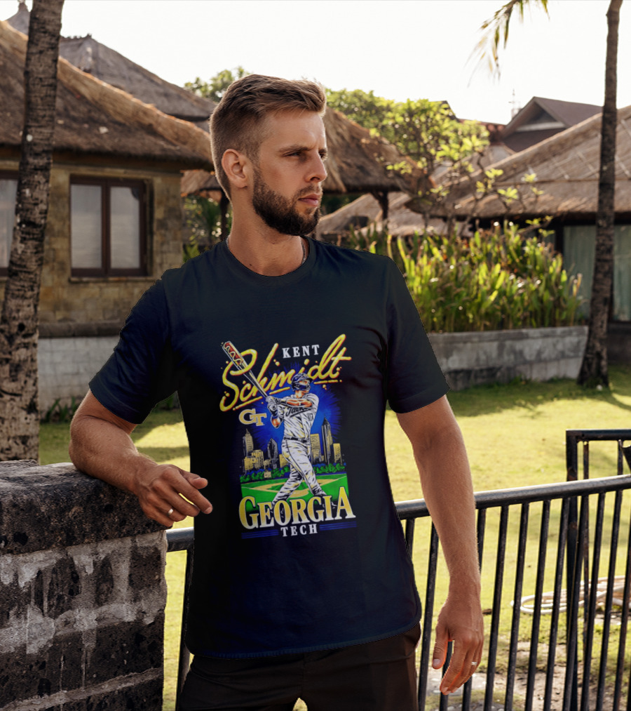 Kent Schmidt Georgia Tech Baseball Hot Dog Bat Skyline T-Shirt