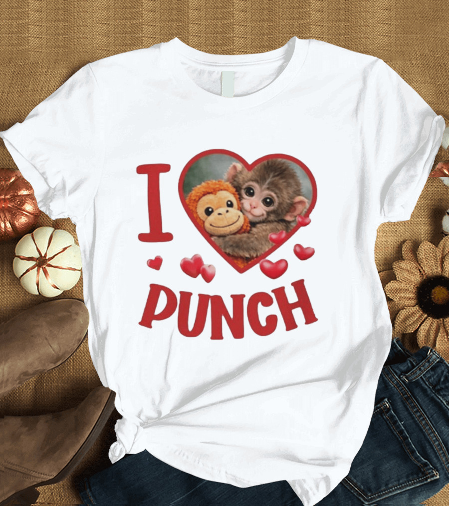 I Love Punch Heart Cute Monkey Hugging Furry Friend T-Shirt