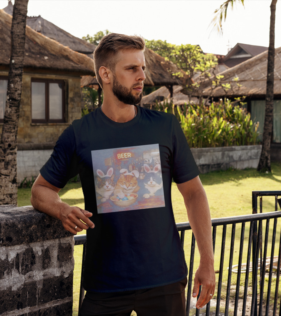 Beer Cat Trio Bunny Ears With Easter Eggs T-Shirt