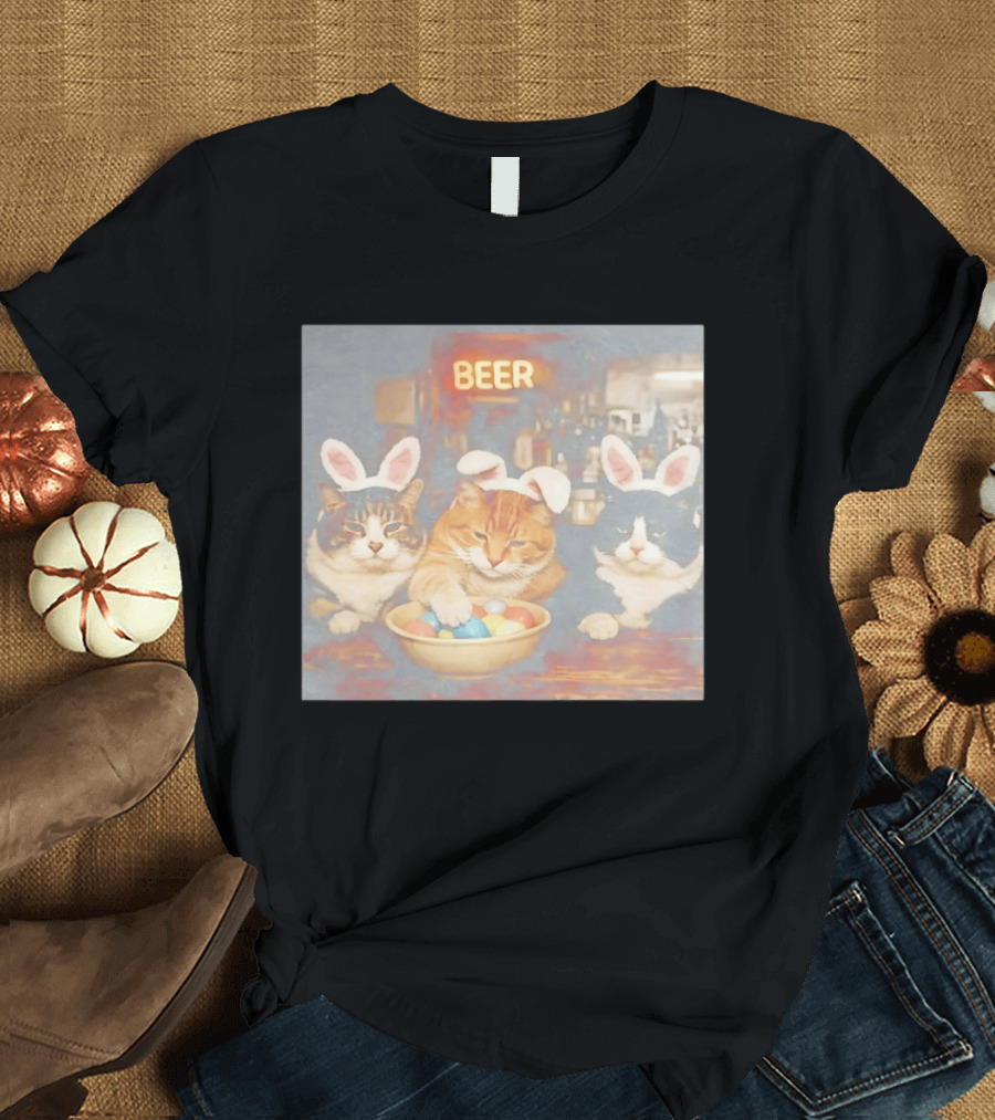 Beer Cat Trio Bunny Ears With Easter Eggs T-Shirt