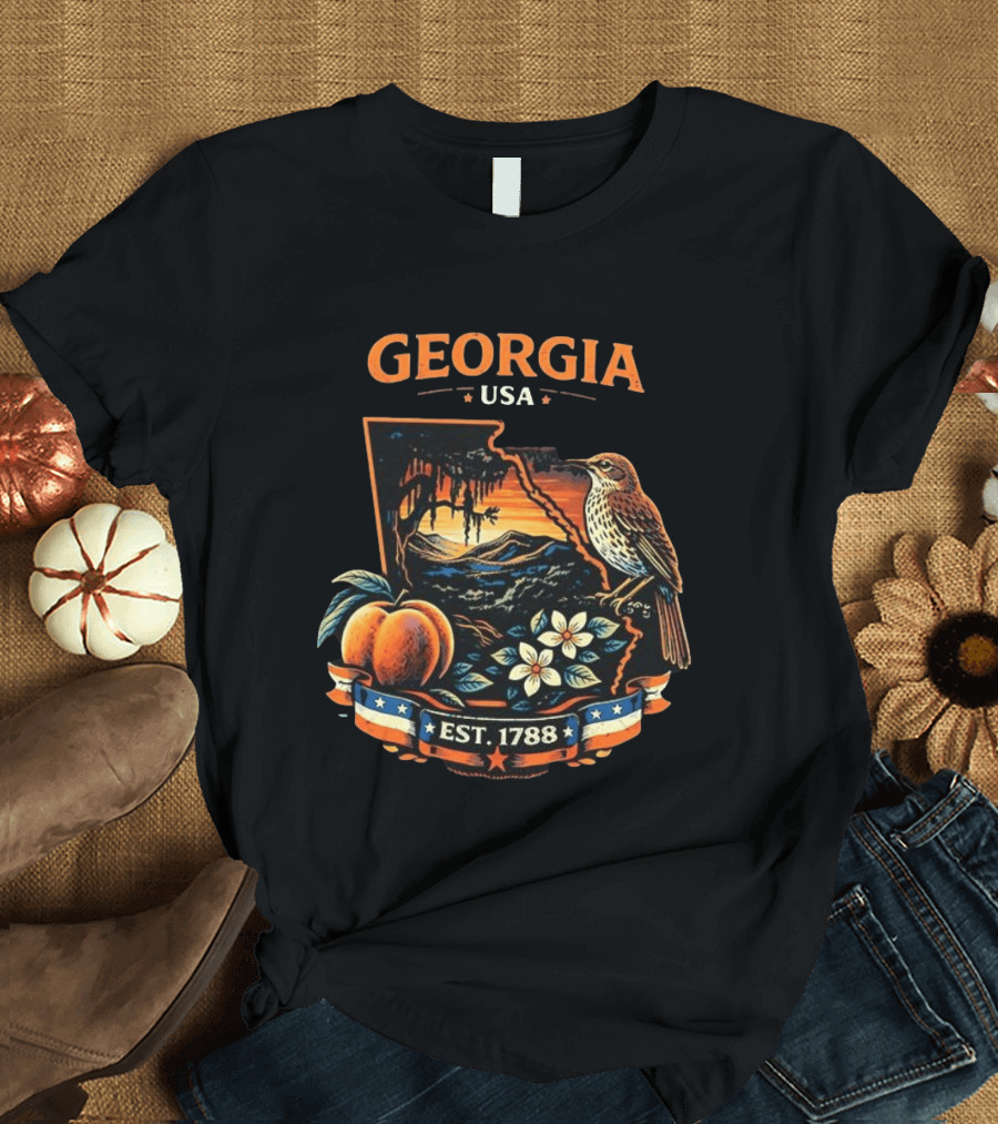 Georgia USA Established 1788 Peach Bird Landscape T-Shirt