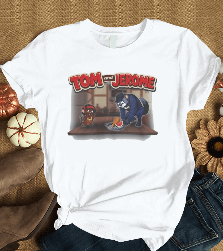 Tom And Jerome Police Cat Serving Chicken And Watermelon T-Shirt