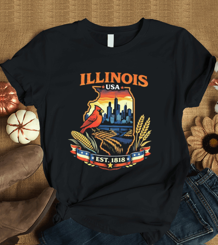 Illinois USA 1818 Cardinal Skyline Corn Wheat T-Shirt